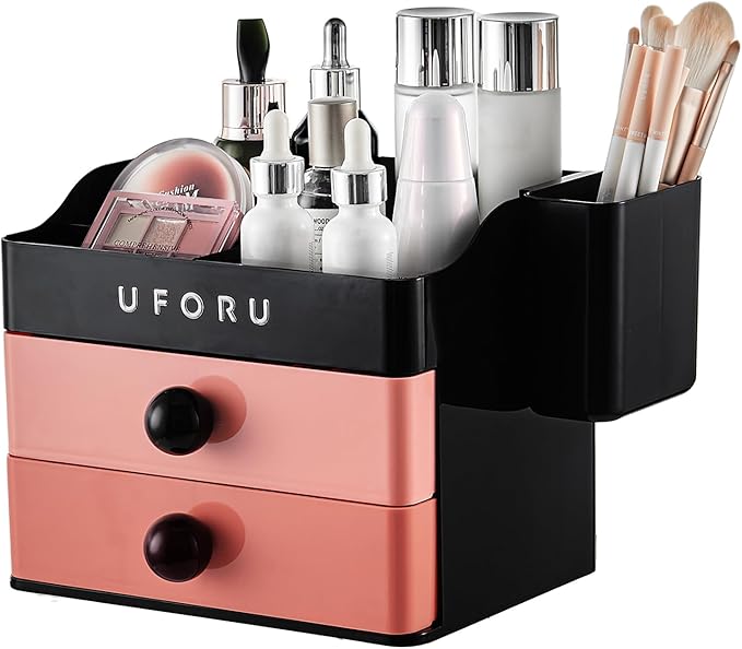 Makeup Organizer for Vanity with Brush Holder, Countertop Organizer with 2 Drawers, Spacious Cosmetic Display Case for Beauty Essential, Skincare, Lipstick