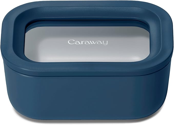 Caraway Mini Rectangle Food Storage Container - 2.6 Cup Glass Storage Container for Food - Non-Toxic Ceramic-Coated Glass - Air Release Technology - Compact & Stackable Design - Navy