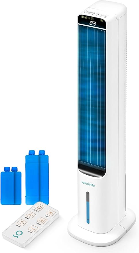 SereneLife Evaporative Air Cooler Tower with Remote, 5L Tank, 4 Ice Boxes, 3 Speeds, Quiet Standing Cooler with Oscillation for Home, Office or Bedroom, Portable & Energy Efficient, 10” x 13” x 39”