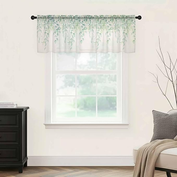 Green Leaf Sheer Valance Curtains, Eucalyptus Leaves Vintage Linen Texture