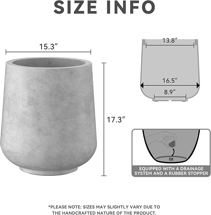 Kante 15.3" Dia Round Concrete Planter, Outdoor Indoor Large Plant Pots Containers with Drainage Hole and Rubber Plug for Home Garden Patio, Gray Concrete