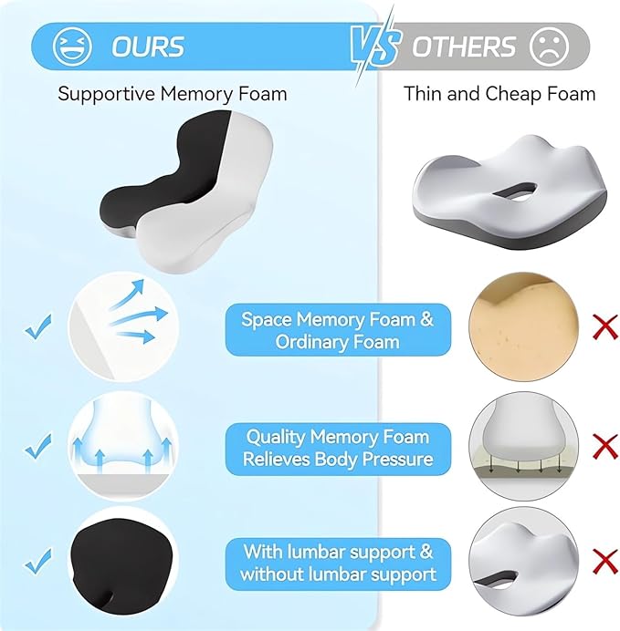 Memory Foam L-Shaped Integrated Seat Cushions for Car Truck Driver Ergonomic L Shape Lumbar Cushion Sciatica Back Pain Relief Office Chair Butt and Back Support Pillow Long Driving Booster Seat (E1)
