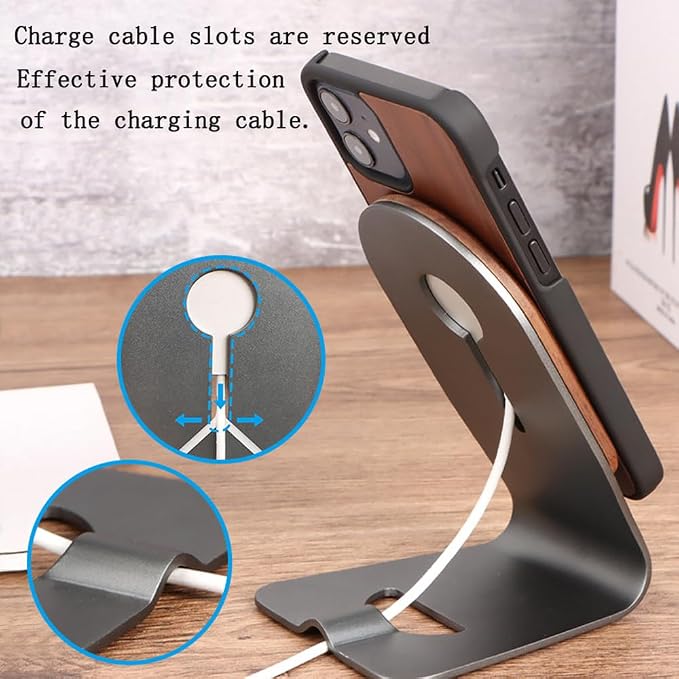 Luxury Aluminium Aloy + Solid Wooden Desktop Holder Stand Compatible with for MagSafe Charger Wireless Charging Accessories for iPhone 16/15/14/13/12 Series Cell Phones