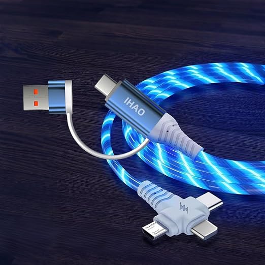 IHAO Multi Ports Light-Up USB Cable USBA to USBC/MicroUSB Cable Durable Fast Charging Cable with Visible Current Flow As Night Light Use-3in1 Blue