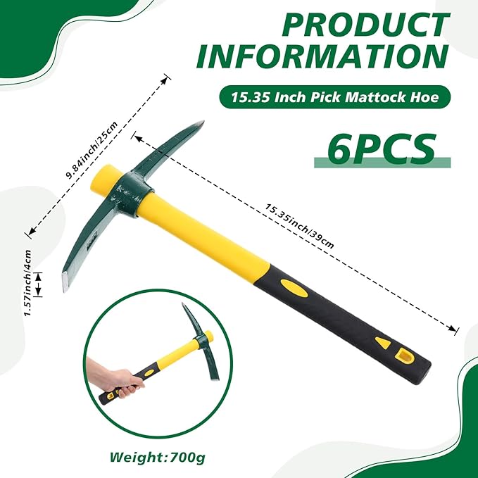 Lothee 6 PCS Pick Mattock Hoe 15 Inch Heavy Duty 1.5Lbs Forged Garden Pick Axe with Rubber Non-Slip Handle Weeding Mattock Hoe Agriculture Hand Tools for Weeding Cultivating Camping or Prospecting
