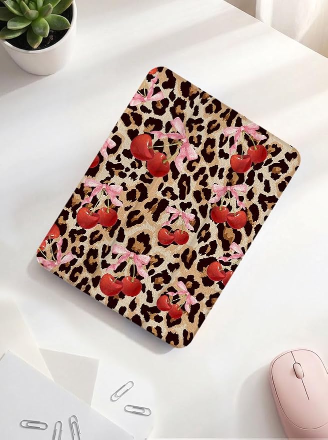Case for iPad 9th/ 8th/ 7th Generation Case 10.2&amp10.5 Inch (2021/2020/2019 Release) Slim Lightweight Soft Trifold Back Cover with Pencil Holder &amp Auto Sleep/Wake Cover Cherries Cheetah Bows