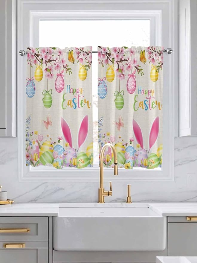 Happy Easter Tier Curtains 45 Inches Long, Spring Farmhouse Bunny Eggs Flower
