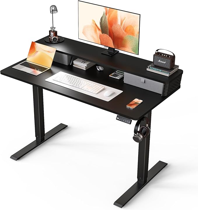 Electric Standing Desk with 2 Drawers 48''x 24'' Adjustable Height Sit to Stand Up Desk with Storage Shelf, C-Clamp Mount Compatible Black Home Office Desks Computer Gaming Table Ergonomic Workstation
