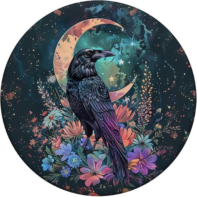 Boho Chic Flower Raven Crow Crescent Moon Black Bird Floral PopSockets Standard PopGrip