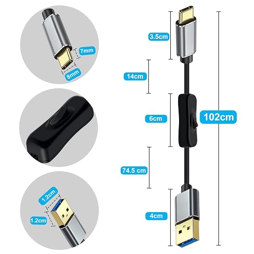 10Gbps USB C Cable with Switch USB 3.0 High Speed Data Transfer Cable with Gold Plated Plug 60W 3A for Laptops PC Phone Car (Black 1.6FT / 0.5 m)