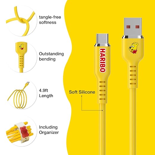Haribo USB C to USB A Cable (2 Pack 4.9ft) Fast Charging Soft Silicone USB 2.0 Gummy Bear Style Charging Cords for iPhone 15/16 Samsung Galaxy Pixel iPad Motorola