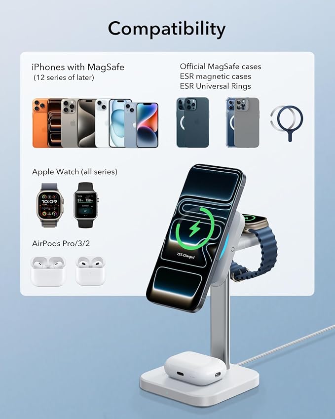 ESR for MagSafe Charger Stand, 3 in 1 Charging Station with CryoBoost, Phone-Cooling Wireless Charging, 15W MagSafe Stand, for iPhone 17/16/15/14/13/12, AirPods, Apple Watch, White