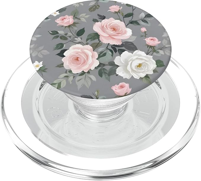 Pink Flowers Gray Leaves PopSockets Adhesive PopGrip