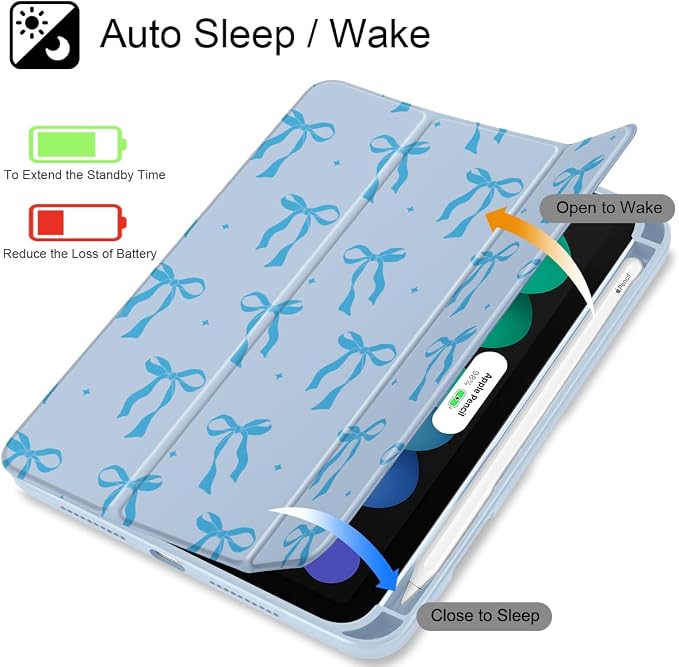 Case for iPad mini (A17 Pro 7th Generation) 2024/iPad Mini (6th Gen) 8.3 Inch with [Built-in Pencil Holder] Shockproof Cover with Clear Transparent Back Shell &amp Auto Wake/Sleep - Blue Bows