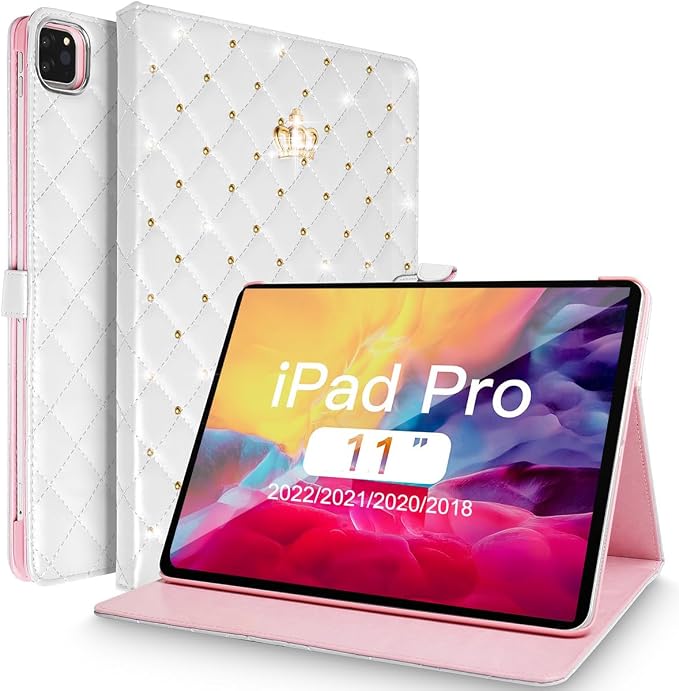 for iPad Pro 11 inch Case 2022(4th Gen)/2021(3rd Gen)/2020(2nd Gen)/2018 (1st Gen)Cute Crown Bling Diamond PU Leather Smart Auto Sleep/Wake Stand Shockproof Cover for iPad Pro 11 Inch Black