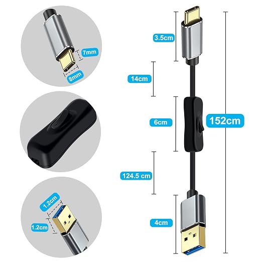 10Gbps USB C Cable with Switch USB 3.0 High Speed Data Transfer Cable with Gold Plated Plug 60W 3A for Laptops PC Phone Car (Black 1.6FT / 0.5 m)