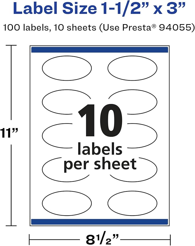 Avery Glossy White Oval Labels, Sure Feed Technology, 1.5" x 3", 100 Glossy White Labels, Print-to-The-Edge, Permanent Adhesive, Laser/Inkjet Printable