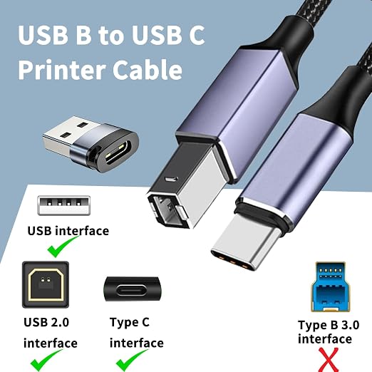 2 in 1 USB Type C to USB B 2.0 Printer Cable 2M USB C MIDI Cable | 6.6Ft Nylon USB A to USB B Priner Cable for Scanner MIDI Keyboard Digital Piano DAC &amp Audio Interface