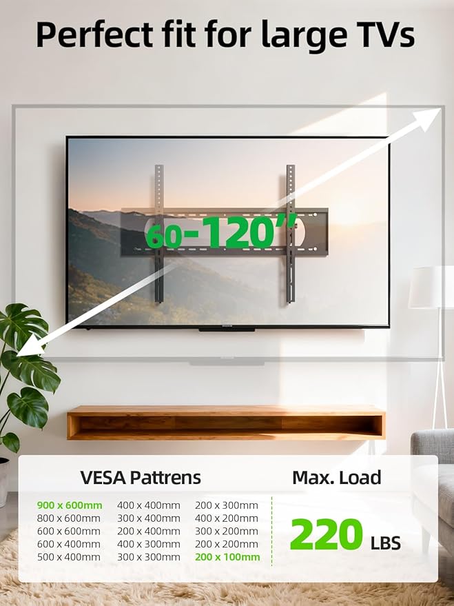 USX MOUNT Heavy Duty Tilting TV Wall Mount for 60-120" up to 220lb, Low Profile TV Mount Ultra Slim Wall Bracket fit 16-32" Studs, Max VESA 900x600 for 65 75 85 86 90 98 100 110inch Large Television