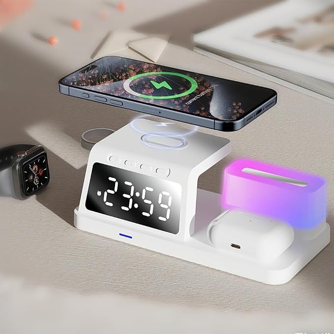 IHAO 3in1 Multifunctional Foldable Wireless Charging Station with LED Ambient Night Light Fast QC3.0 Charger for Phone iWatch Headphone Space-Saving Auto-Shutoff &amp Overcharge Protection-Black
