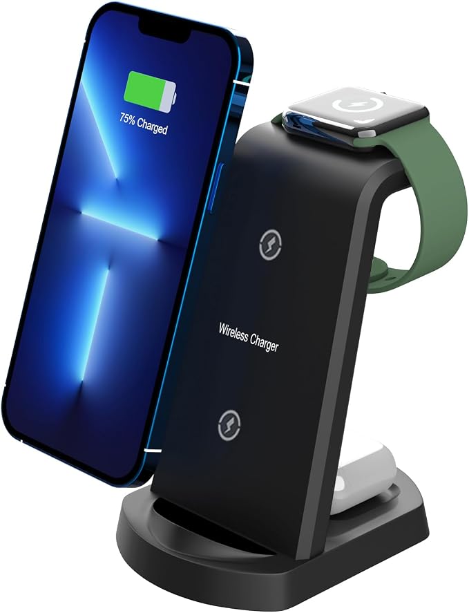 Aoresac 15W Fast Charging Dock 3 in 1 Wireless Charging Station Smartphone Watch Earbuds Stand Holder with Anti Slip Design Indicator Light for Home Office Hotel Bar