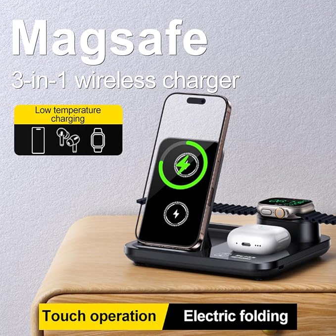 IHAO 3in1 Multifunctional Foldable Wireless Charging Station with LED Ambient Night Light Fast QC3.0 Charger for Phone iWatch Headphone Space-Saving Auto-Shutoff &amp Overcharge Protection-Black