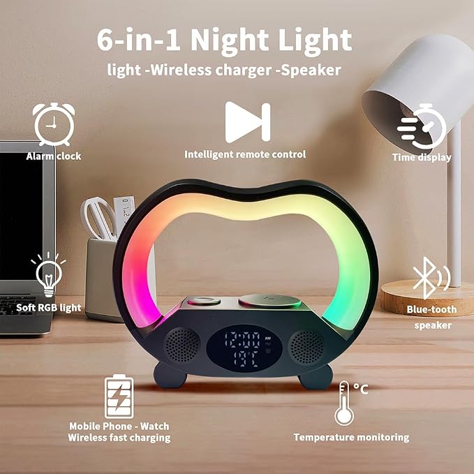 IHAO 3in1 Multifunctional Foldable Wireless Charging Station with LED Ambient Night Light Fast QC3.0 Charger for Phone iWatch Headphone Space-Saving Auto-Shutoff &amp Overcharge Protection-Black