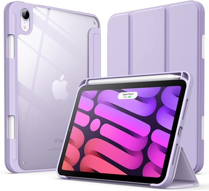 JETech Case Cover for iPad mini A17 Pro/6th Gen (2024/2021) Black | Clear Transparent Back Pencil Holder Slim Shockproof Protection Tri-Fold Stand Auto Wake/Sleep