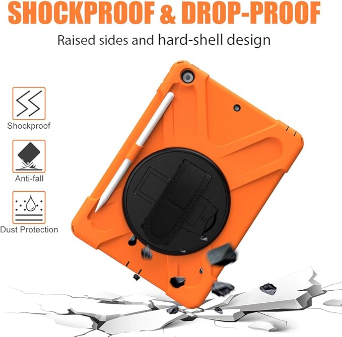 ZenRich Shockproof Case for iPad 9th/8th/7th Generation 10.2 inch 2021/2020/2019, Heavy Duty Rugged Case with Pencil Holder/360° Rotating Kickstand/Handle/Carrying Strap, Orange