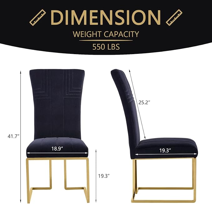 AUZ Dining Chairs Set of 4, Modern Luxury Black Velvet Upholstered Dining Chairs with High Back Design, Polished Gold Stainless Steel Sled Legs