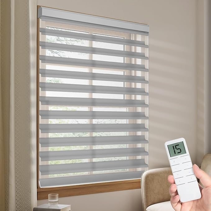 Tokblind Motorized Sheer Shade with Remote Control, Light Filtering Electric Roller Blind Compatible with Alexa via Hub, Rechargeable Smart Window Shade Custom Size (Light Filtering Grey)