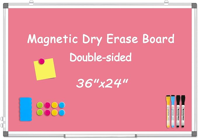 WALGLASS Magnetic Whiteboard 36"x24" Dry Erase White Board for Walls with Pen Tray, Aluminium Frame and Dry-Wipe Writing Surface for Drawing, Home, and Office (Pink)