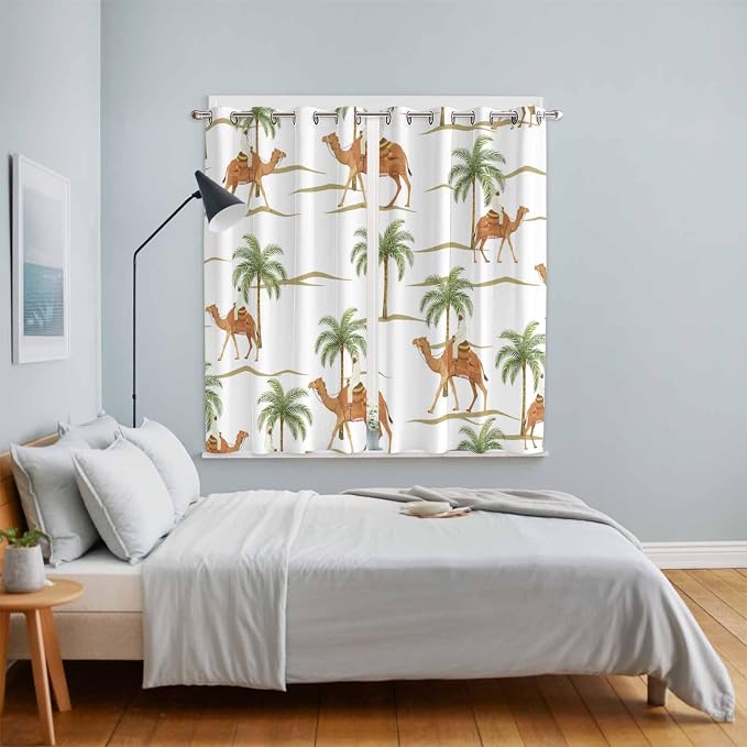 2 Panel Kitchen Cafe Curtains, Desert Camels Sunlight Filtering Nature Air