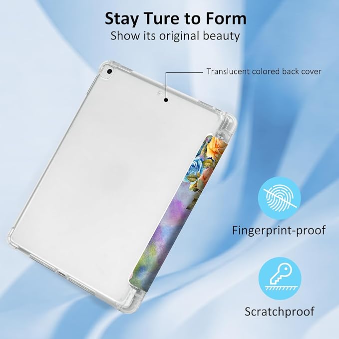 Lokigo for iPad 9th/ 8th/ 7th Generation Case 10.2 Inch (2021/2020/2019 Release) iPad Air 10.5 (3rd Generation) 2019 /Pro 10.5 2017 Case with Translucent Hard Shell Back -Flowers