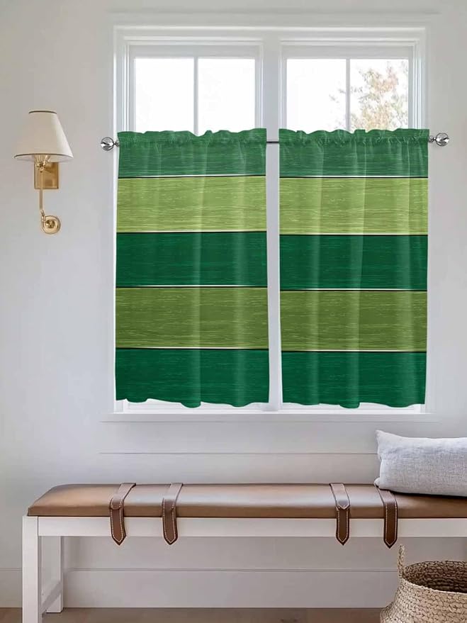 Farm Retro Green Wood Grain Window Valance Curtains, Rustic Wooden Plank