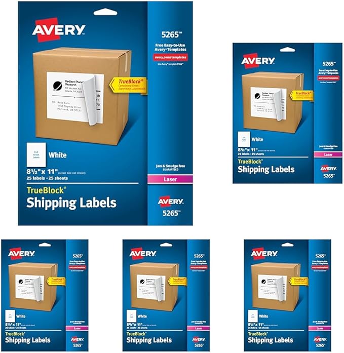 Avery Full-Sheet Printable Shipping Labels, 8.5" x 11" Customizable Stickers, White, 25 Blank Mailing Labels, Great for Mailing, Shipping, Organizing, and More (5265) (Pack of 5)