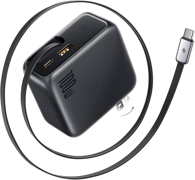 Baseus Enercore 100W USB C Charger with Retractable Built-in Cable, 3-Port Foldable Plug PD Fast Charging Wall Adapter for MacBook Pro/Air, iPad, iPhone 17, Galaxy S25, Pixel, Steam Deck, ROG Ally
