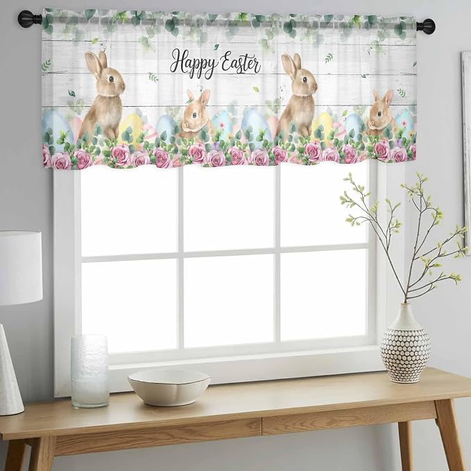 Easter Sheer Valances for Windows 42"x18", Light Filtering Kitchen Curtains