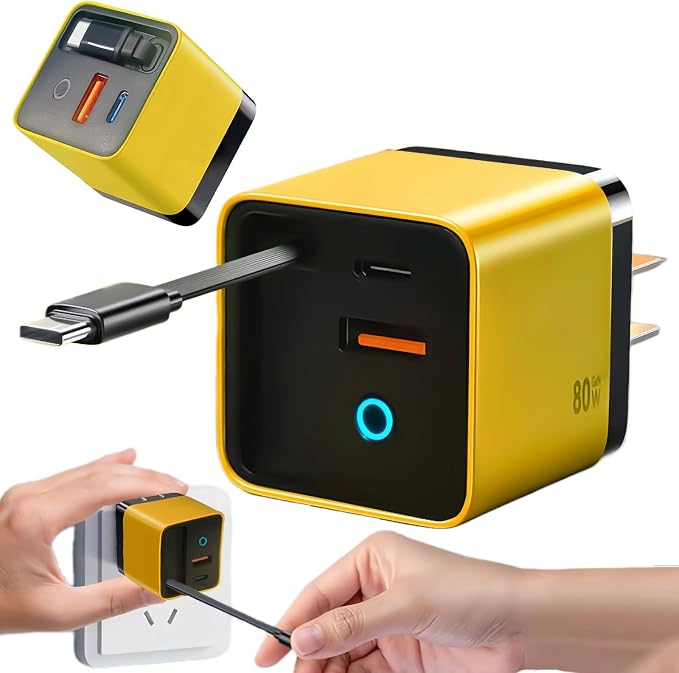 3 in 1 GaN Charger80w Fast Charger Adapter with Type-C Cable &amp 2 USB PortsMulti-Functional Retractable All in one Charger for PhoneTabletslaptops (Yellow)