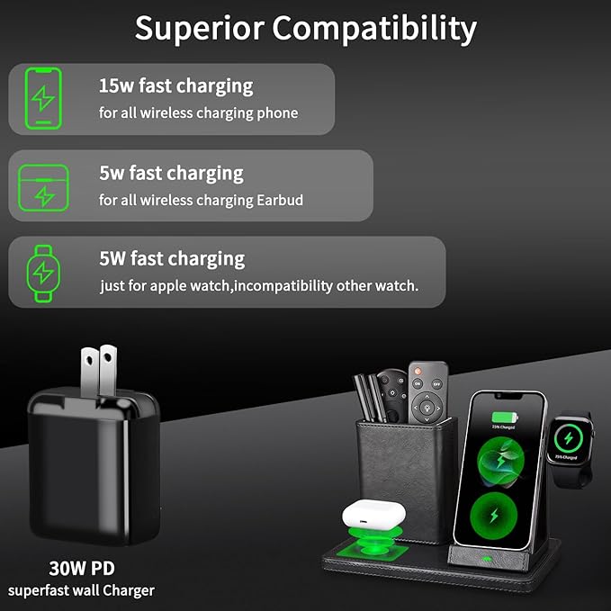 Office Supplies Desk Accessories,Pen Holder Remote Control Holder, Organizer with Phone Charger,Nightstand Desktop Organizer,Black Leather Desk Organizer With Charging Station (black)
