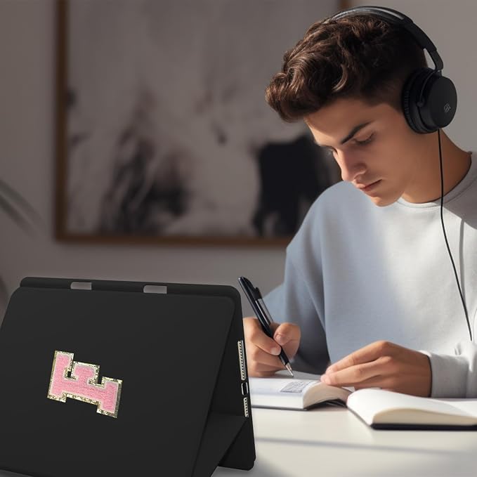 for iPad 9th Generation 10.2 Inch 2021/2020/2019 Case Initial Chenille Letter Suture Personalized for iPad 9th/8th/7th Generation Case with Auto Sleep/Wake Pencil Holder (Black A)