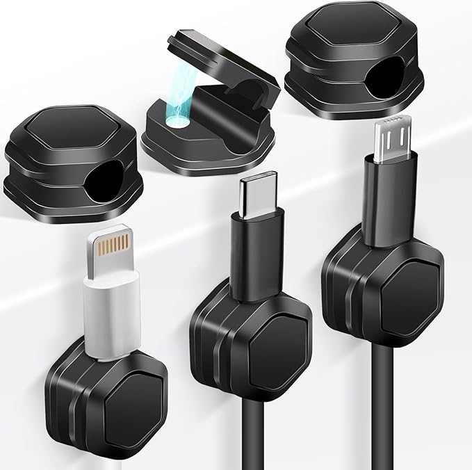 Cord Holder - Magnetic Cable Clips - Under Desk Cable Management - Adhesive Wire Holder Keeper Organizer for Desk, Nightstand, Phone Charger, Computer, Home, Office, Car (6pcs)