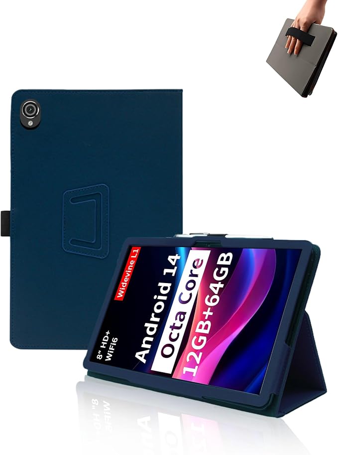 Case for Topsand M8 Android 14 Tablet 8 inch TabletsUYRUREL Leather Slim Folding Stand Cover with Hand Strap Magnet for Men Women Full ProtectionBlack.