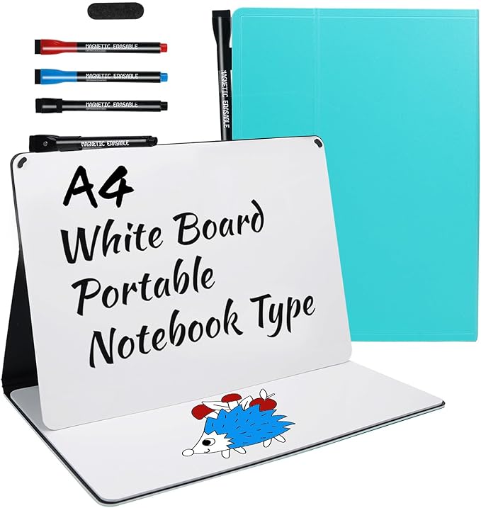 Portable White Board Small Dry Erase Board, 9" x 12" Double Sided Folding Whiteboards with 3 Pens, A4 Reusable Notebook with Storage Mesh Bag for Study, Meeting, Draft, Notes, Doodling