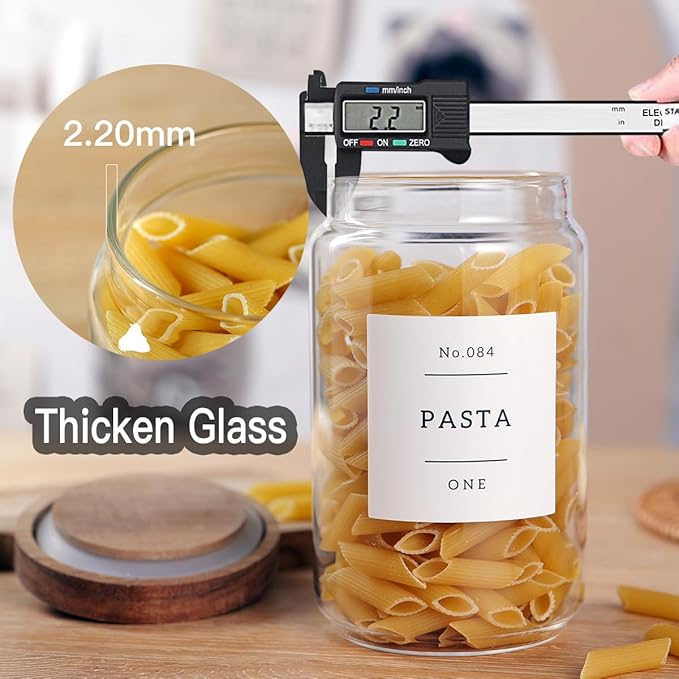 6 Set Glass Pantry Storage Jars with Acacia Airtight Lid - 23oz Thicken Glass Kitchen Canisters with 132 Pantry Labels - Clear Glass Food Storage Containers with Wood Lid for Tea,Sugar,Cookie,Coffee