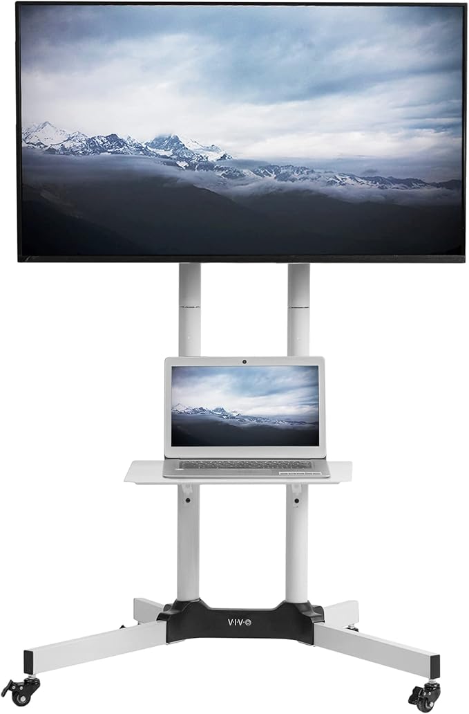 VIVO Mobile TV Cart for 32 to 83 inch Screens up to 110 lbs, LCD LED OLED 4K Smart Flat and Curved Panels, Rolling Stand with Laptop DVD Shelf, Locking Wheels, Max VESA 600x400, White, STAND-TV03W