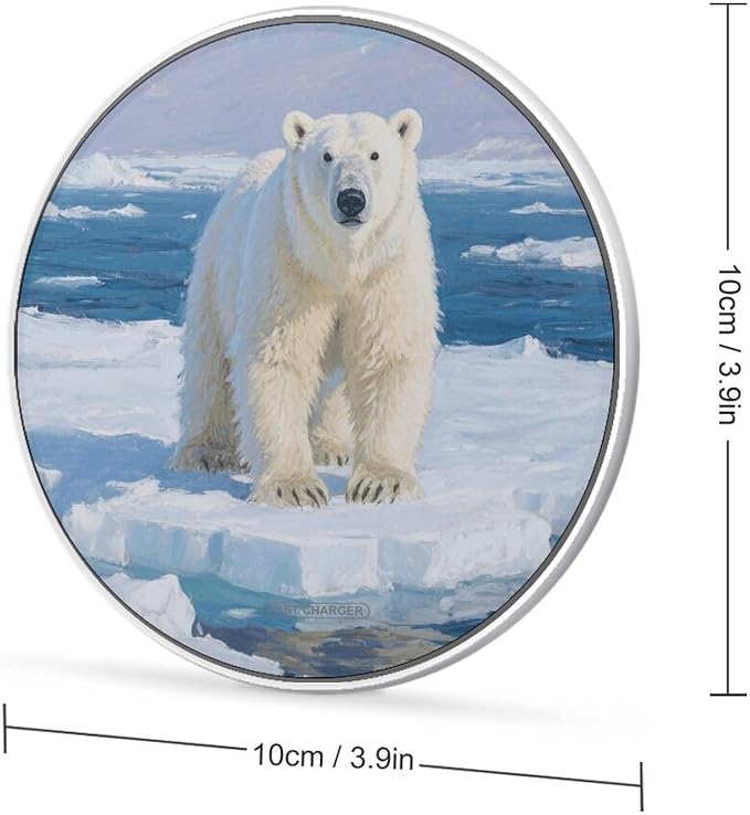 Arctic Polar Bear Wireless Charger with USB CableAluminum Alloy Frame 10W Max Compatible Fast Wireless Charging Pad- 3.2ft Cable Included for Travel Home Office Desk