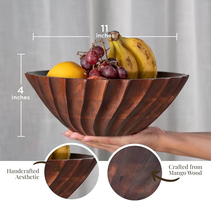 Folkulture Black Wave Salad Bowl | 11” Large Mango Wood Serving Bowl with Dual Ribbed Design | Modern Wooden Bowl for Salad, Fruit & Pasta | Kitchen Island & Dining Table Décor