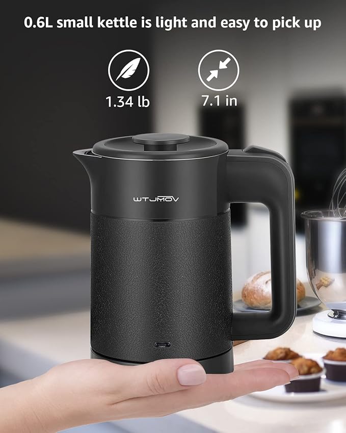 WTJMOV 0.6L Small Electric Tea Kettle Lightweight, 20 Ounce Double Wall Hot Water Boiler Stainless Steel Auto Shut-off, 120V Portable Travel Electric Kettle Fast Boil for Tea and Coffee, Black