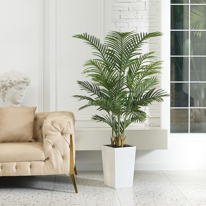 5FT Artificial Palm Tree - Tall Fake Tree with White Taper Planter & Pebbles, UV Resistant for Indoor & Outdoor Decor - Large Potted Faux Plant for Living Room, Office, Home Decor,VN130